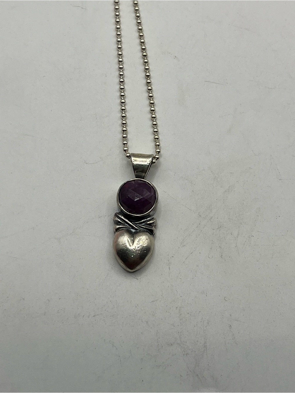Sterling Silver Heart Pendant Necklace with natural reddish Purple Gem. Signed